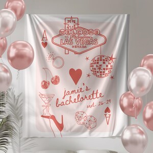 Vegas Bachelorette Party Banner with pink and red designs and customizable text, featuring fun casino-themed elements like dice, disco ball, and cherries