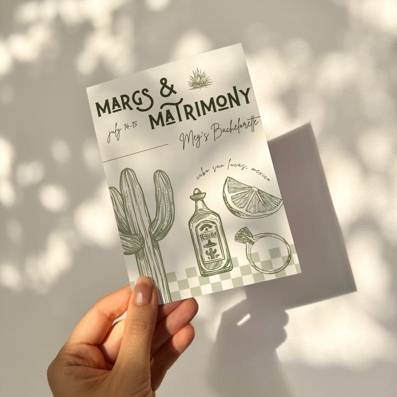 Margs and matrimony  bachelorette invite template for canva with tequila, margarita and lime illustrations
