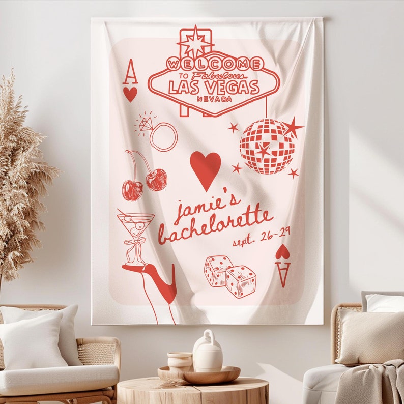 Vegas Bachelorette Party Banner with pink and red designs and customizable text, featuring fun casino-themed elements like dice, disco ball, and cherries