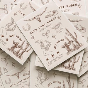 A beautifully designed Nashville Bachelorette Itinerary Template created in Canva Pro, perfect for planning a Last Rodeo or Austin girls' trip. This hand-drawn digital invitation features a playful Western theme with cowboy boots, hats, and rodeo-inspired elements. The template includes customizable sections for daily schedules, activities, dining plans, and nightlife spots, ensuring a well-organized and stylish weekend. Fully editable and available for instant download.