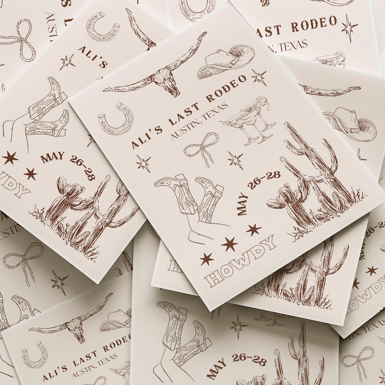 A beautifully designed Nashville Bachelorette Itinerary Template created in Canva Pro, perfect for planning a Last Rodeo or Austin girls' trip. This hand-drawn digital invitation features a playful Western theme with cowboy boots, hats, and rodeo-inspired elements. The template includes customizable sections for daily schedules, activities, dining plans, and nightlife spots, ensuring a well-organized and stylish weekend. Fully editable and available for instant download.