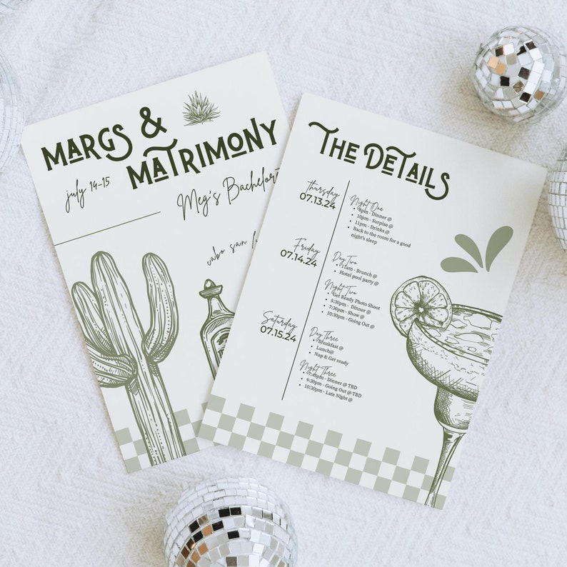 Margs and matrimony  bachelorette invite template for canva with tequila, margarita and lime illustrations