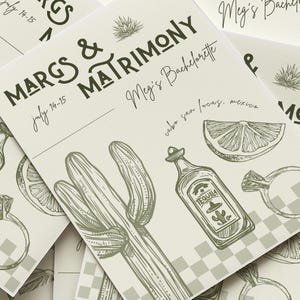 Margs and matrimony  bachelorette invite template for canva with tequila, margarita and lime illustrations