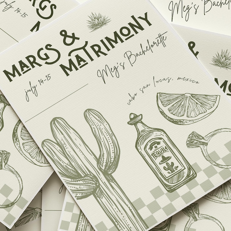 Margs and matrimony  bachelorette invite template for canva with tequila, margarita and lime illustrations