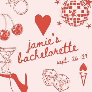 Vegas Bachelorette Party Banner with pink and red designs and customizable text, featuring fun casino-themed elements like dice, disco ball, and cherries