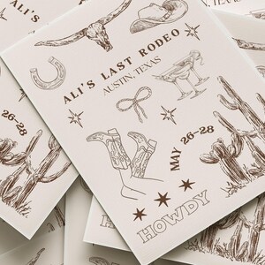 A beautifully designed Nashville Bachelorette Itinerary Template created in Canva Pro, perfect for planning a Last Rodeo or Austin girls' trip. This hand-drawn digital invitation features a playful Western theme with cowboy boots, hats, and rodeo-inspired elements. The template includes customizable sections for daily schedules, activities, dining plans, and nightlife spots, ensuring a well-organized and stylish weekend. Fully editable and available for instant download.