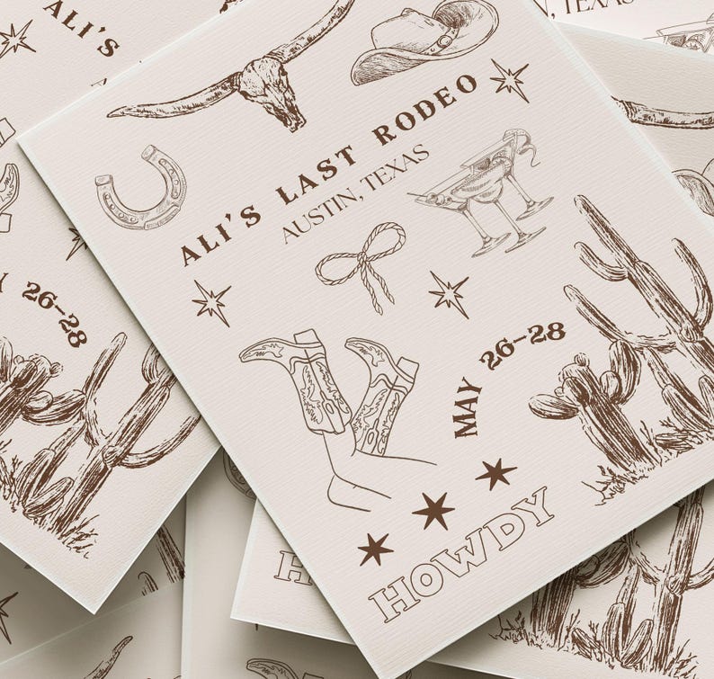 A beautifully designed Nashville Bachelorette Itinerary Template created in Canva Pro, perfect for planning a Last Rodeo or Austin girls' trip. This hand-drawn digital invitation features a playful Western theme with cowboy boots, hats, and rodeo-inspired elements. The template includes customizable sections for daily schedules, activities, dining plans, and nightlife spots, ensuring a well-organized and stylish weekend. Fully editable and available for instant download.