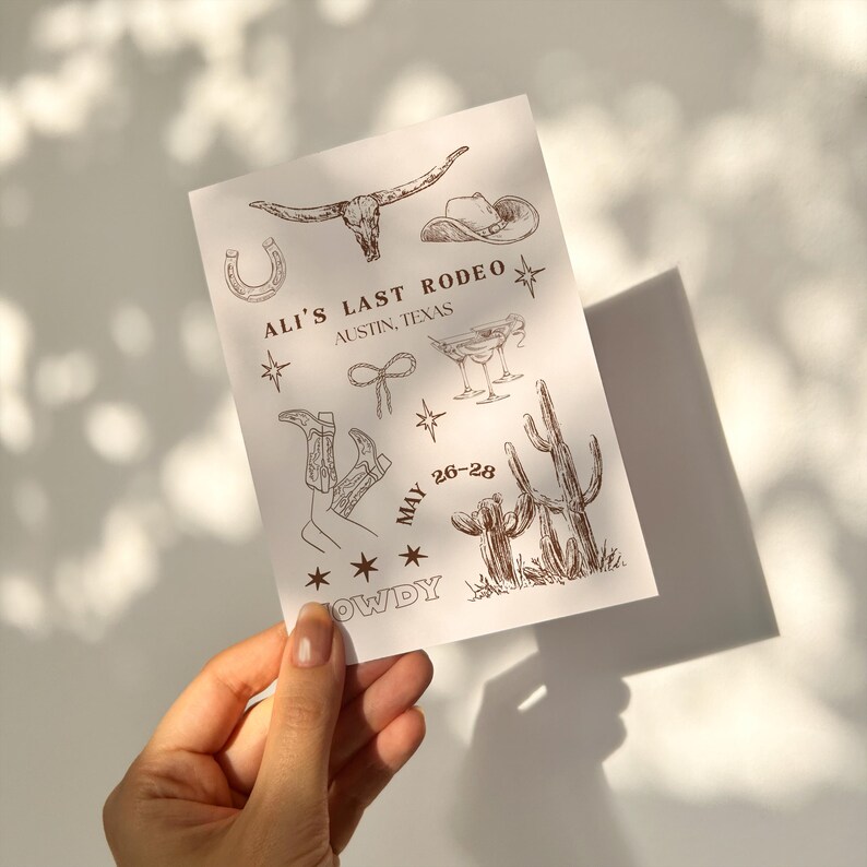 A beautifully designed Nashville Bachelorette Itinerary Template created in Canva Pro, perfect for planning a Last Rodeo or Austin girls' trip. This hand-drawn digital invitation features a playful Western theme with cowboy boots, hats, and rodeo-inspired elements. The template includes customizable sections for daily schedules, activities, dining plans, and nightlife spots, ensuring a well-organized and stylish weekend. Fully editable and available for instant download.