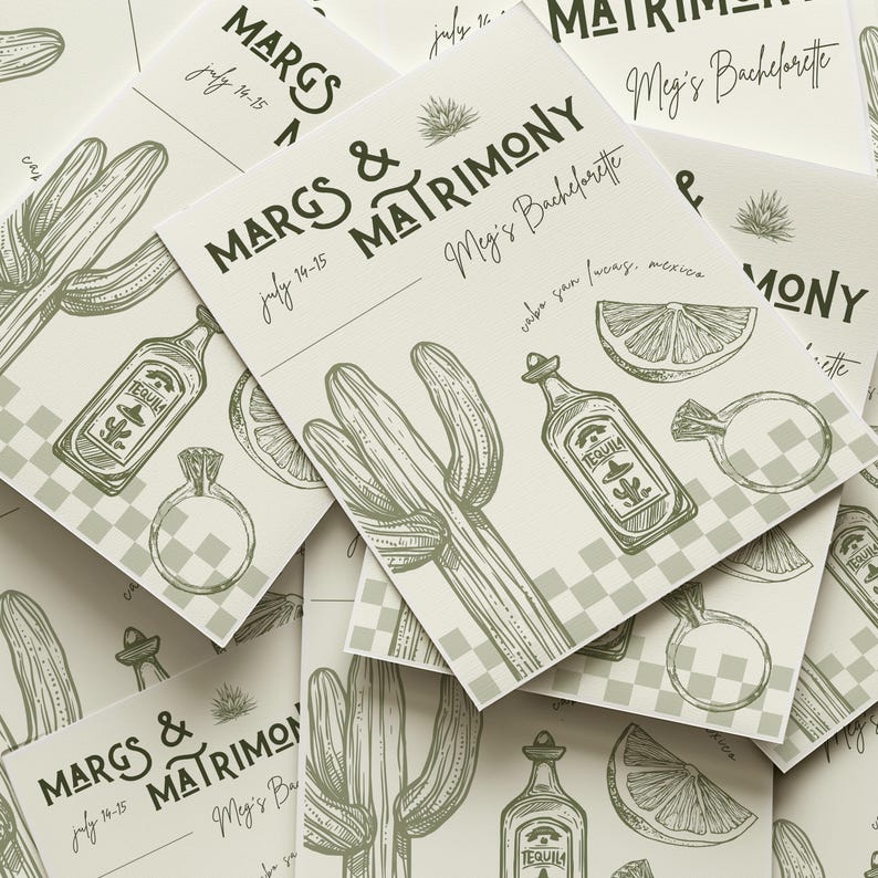 Margs and matrimony  bachelorette invite template for canva with tequila, margarita and lime illustrations