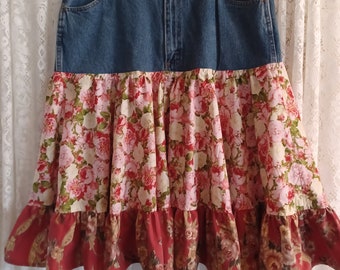 Upcycled, Reworked, Re-fashioned, Cottagecore, Country, Peasant, Denim, Tiered, A Contoured, Ruffled, Circle Skirt