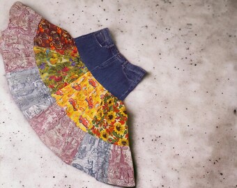 Upcycled,  Reworked, Shredded, Country, Peasant, Denim, Tiered, A Contoured Skirt