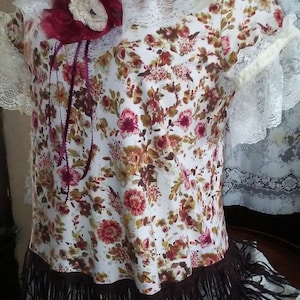 Upcycled, revived dress, flower prints, lace, handmade flower, fun trims