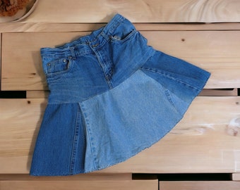 Distressed Shredded, Recycled Blue Denim Tiered A Contoured Skirt, Teen or Women's XS