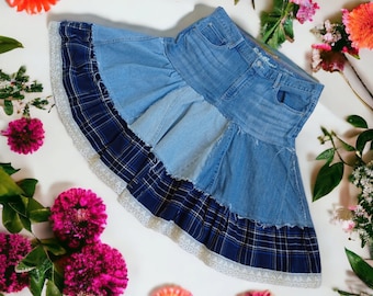Distressed, Shredded, Country, Peasant, Denim, Tiered, A Contoured Skirt