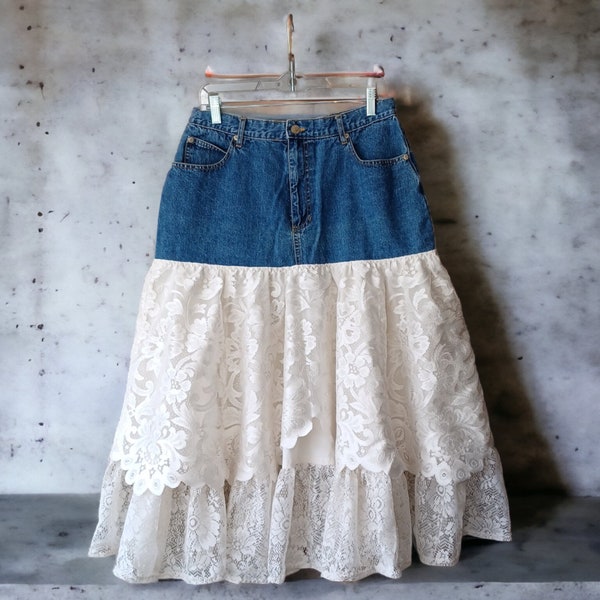 Altered, Ruffled Denim Skirt From Jeans, Layered, Lace, Country Chic