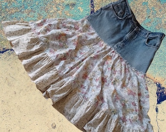 Upcycled,  Reworked, Shredded, Country, Peasant, Denim, Tiered, A Contoured Skirt