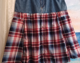 Reworked, Altered Denim And Plaid Flannel Skirt, Size 12