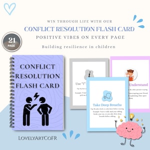 Peut inclure: Un ensemble de cartes flash de résolution de conflits, comprenant un cahier à spirales et plusieurs cartes individuelles. La couverture du cahier affiche le titre et une illustration de deux personnages en train de se disputer. Les cartes proposent des conseils aux enfants.