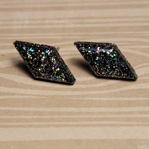Lozenge Cut Stud Earrings - Resin - Black Galaxy Glitter