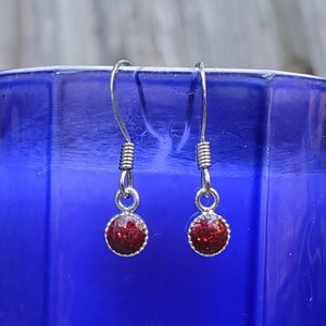 May include: A pair of silver dangle earrings with small red glitter round charms.
