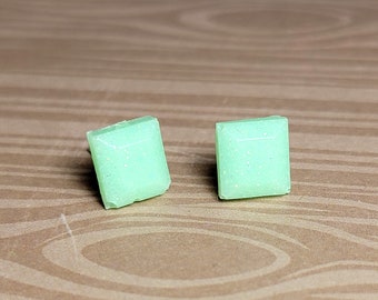 Small Square Cut Stud Earrings - Resin - Light Green with Iridescent Glitter - Glow in the Dark