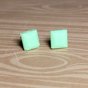 Small Square Cut Stud Earrings - Resin - Light Green with Iridescent Glitter - Glow in the Dark