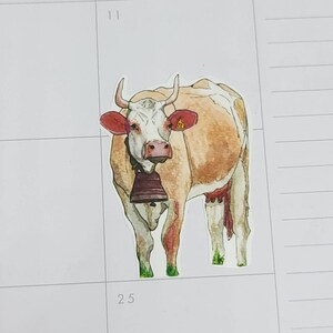May include: A watercolor illustration of a brown and white cow with a bell around its neck. The cow has red ears and is standing on a green field.