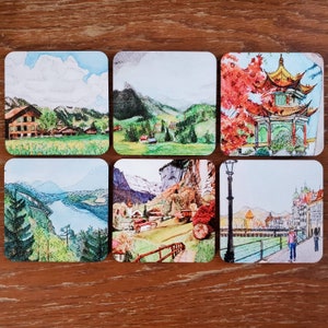 Set of 6 Coasters with Original Swiss Paintings