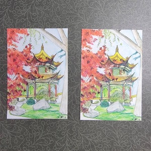 May include: A hand-drawn illustration of a red and gold Chinese pagoda with a red roof and a green garden in front. The pagoda is surrounded by red and green trees. The illustration is done in a watercolor style.