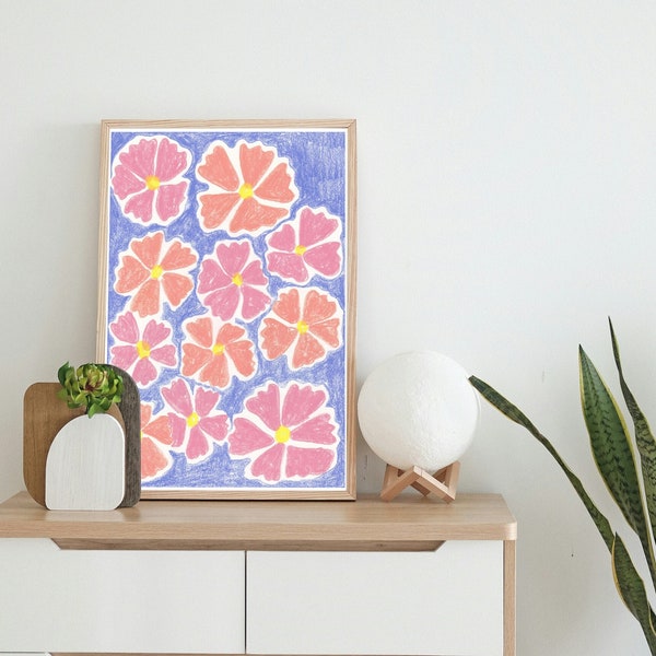 DIGITAL ART PRINT of cute hand drawn pastel flowers, wax oil pastels texture