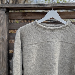 May include: A light gray long-sleeve sweater with a ribbed crew neckline and a horizontal seam detail across the chest. The garment is crafted from a textured knit fabric and is displayed on a white plastic hanger, showing a simple design.