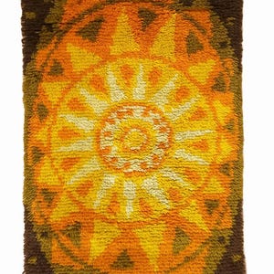 70s handmade wool wall rug tapestry yellow vintage Mid Century