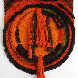 70s handmade wool rug orange yellow vintage Mid Century