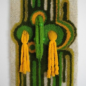 Handmade vintage wool wall rug green yellow 70s