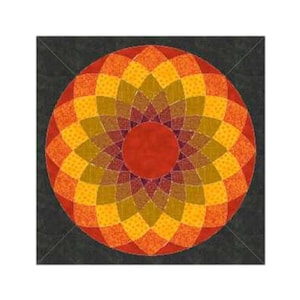 May include: A circular mandala design with a red centre and concentric rings of orange, yellow, and green. The mandala is on a dark grey background.
