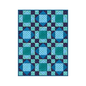 May include: A blue and green quilt with a geometric pattern. The quilt is made up of squares and triangles, and the pattern is repeated throughout the quilt.