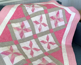DIY Digital Download Gift, Pdf Baby Quilt Pattern, Star Puzzle Block, Pink, Gray, and White Colors