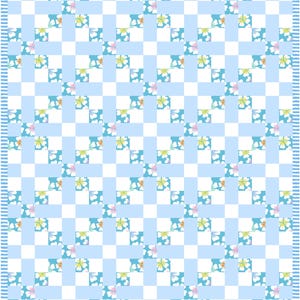May include: A light blue and white quilt with a floral pattern. The quilt features a repeating design of blue squares and white squares, with floral clusters in the center of the blue squares. The border has a striped design.