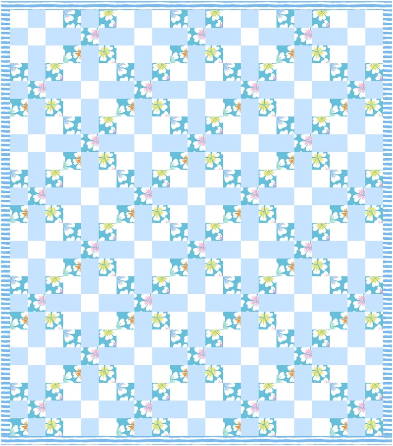 May include: A light blue and white quilt with a floral pattern. The quilt features a repeating design of blue squares and white squares, with floral clusters in the center of the blue squares. The border has a striped design.