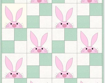 Bunny Rabbit Applique Baby Blanket Quilt Pattern ,4-patch design, measuring 37" x 46", perfect for baby room wall decor (PDF pattern).