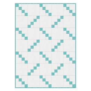Puede incluir: Una colcha blanca con un patrón de cuadrados de color turquesa dispuestos en diagonal.