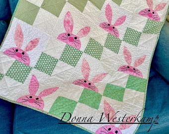 Bunny Rabbit Applique Baby Quilt Pattern, 4-Patch Design (PDF Pattern)