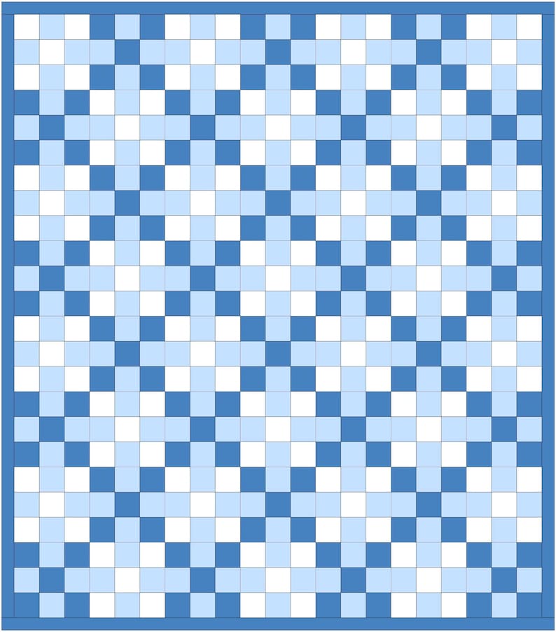 May include: A blue and white chequered pattern, with squares of varying shades of blue and white. The design is a repeating grid of squares, creating a visually appealing and symmetrical pattern. The border is a solid blue.