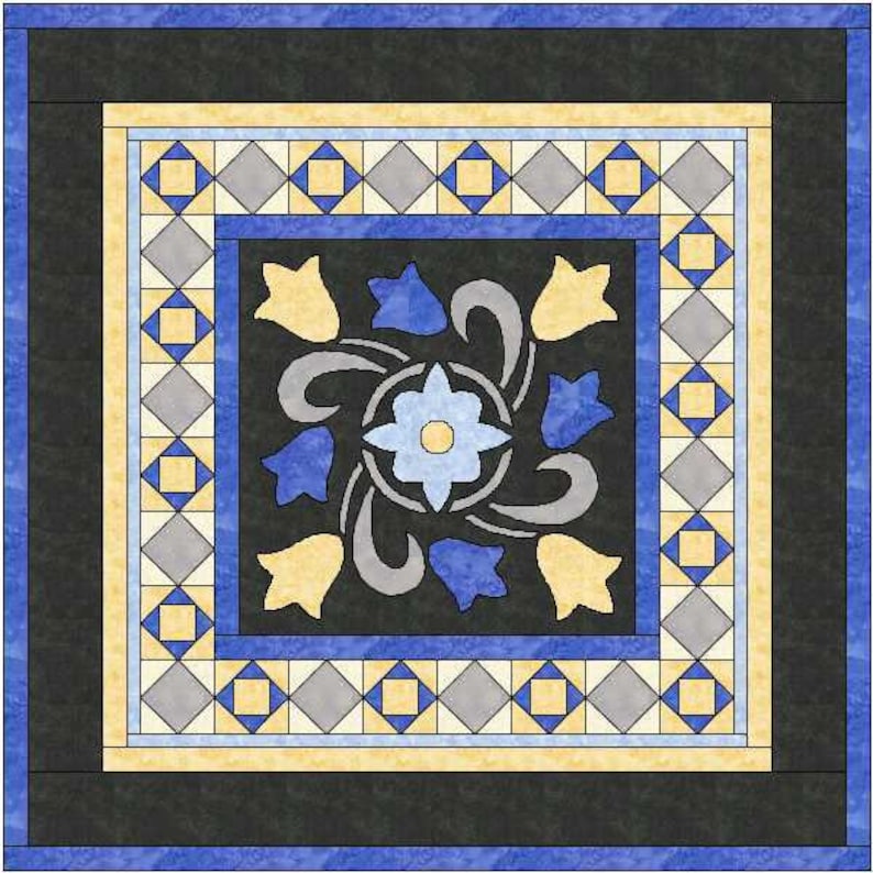 PDF Pattern Ready to Print Quilt Square Wool Applique Pattern Tulips Quilt Applique Pattern Cotton Applique Pattern