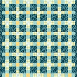 May include: A patchwork quilt with a repeating grid pattern. The design features squares in various colours and patterns, including teal with a leaf design, yellow, light green gingham, and white with small dots. The quilt is a mix of textures and colours.