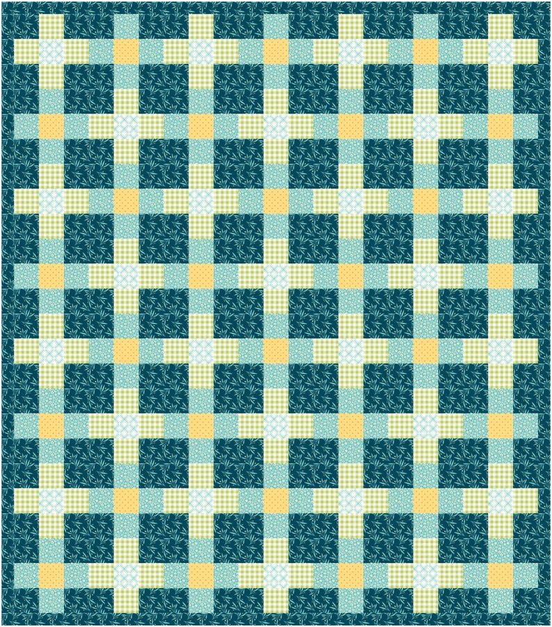 May include: A patchwork quilt with a repeating grid pattern. The design features squares in various colours and patterns, including teal with a leaf design, yellow, light green gingham, and white with small dots. The quilt is a mix of textures and colours.