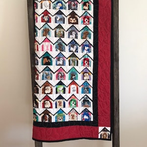 Doghouse Quilt Pattern 65” sq. Paper Pieced, fussy cut your favorite dog fabric, 365 houses  dwquiltpatterns DW1523 Doggie Day Care
