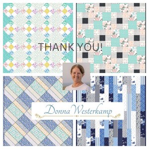 K&ouml;nnte beinhalten: Eine Collage aus vier verschiedenen Quiltmustern mit floralen und geometrischen Designs in Blaut&ouml;nen, Wei&szlig; und Rosa. Der Text "THANK YOU!" wird in der Mitte des Bildes angezeigt. Der Name "Donna Westerkamp" wird unten im Bild angezeigt.