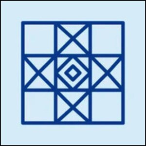 May include: A geometric design in deep blue, featuring a square grid with intersecting lines and diamond shapes. The design is set against a light blue background, creating a modern and abstract pattern.