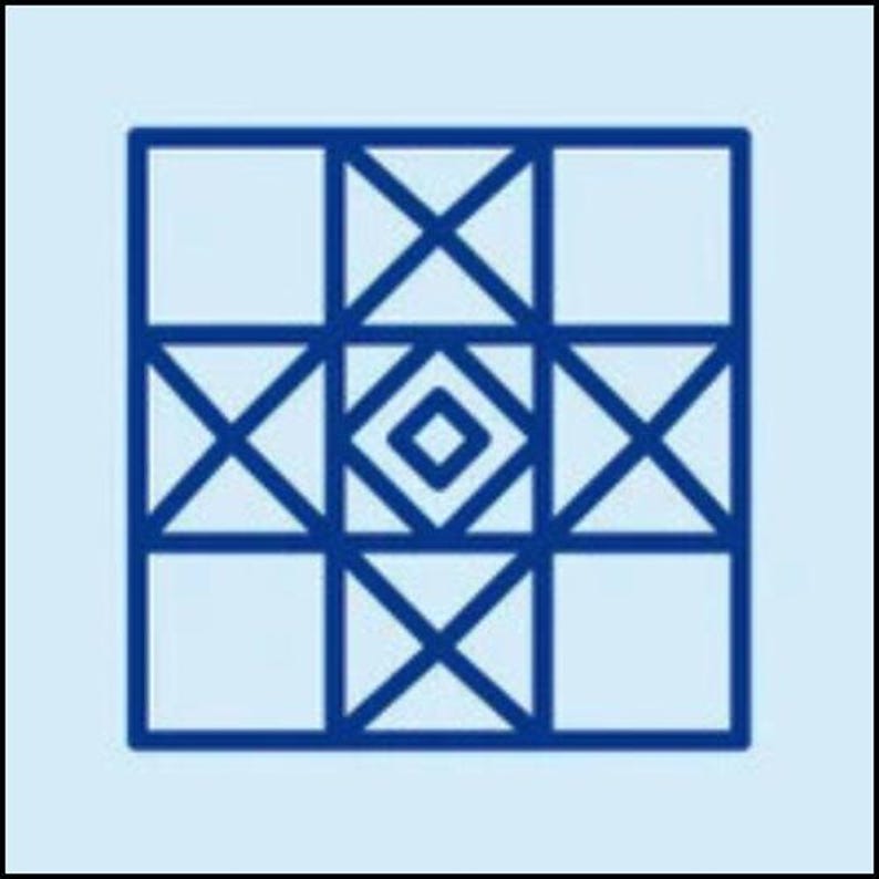 May include: A geometric design in deep blue, featuring a square grid with intersecting lines and diamond shapes. The design is set against a light blue background, creating a modern and abstract pattern.